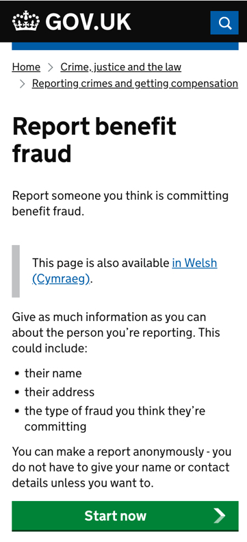 Mobile view of the redesigned GOV.UK benefit fraud reporting service