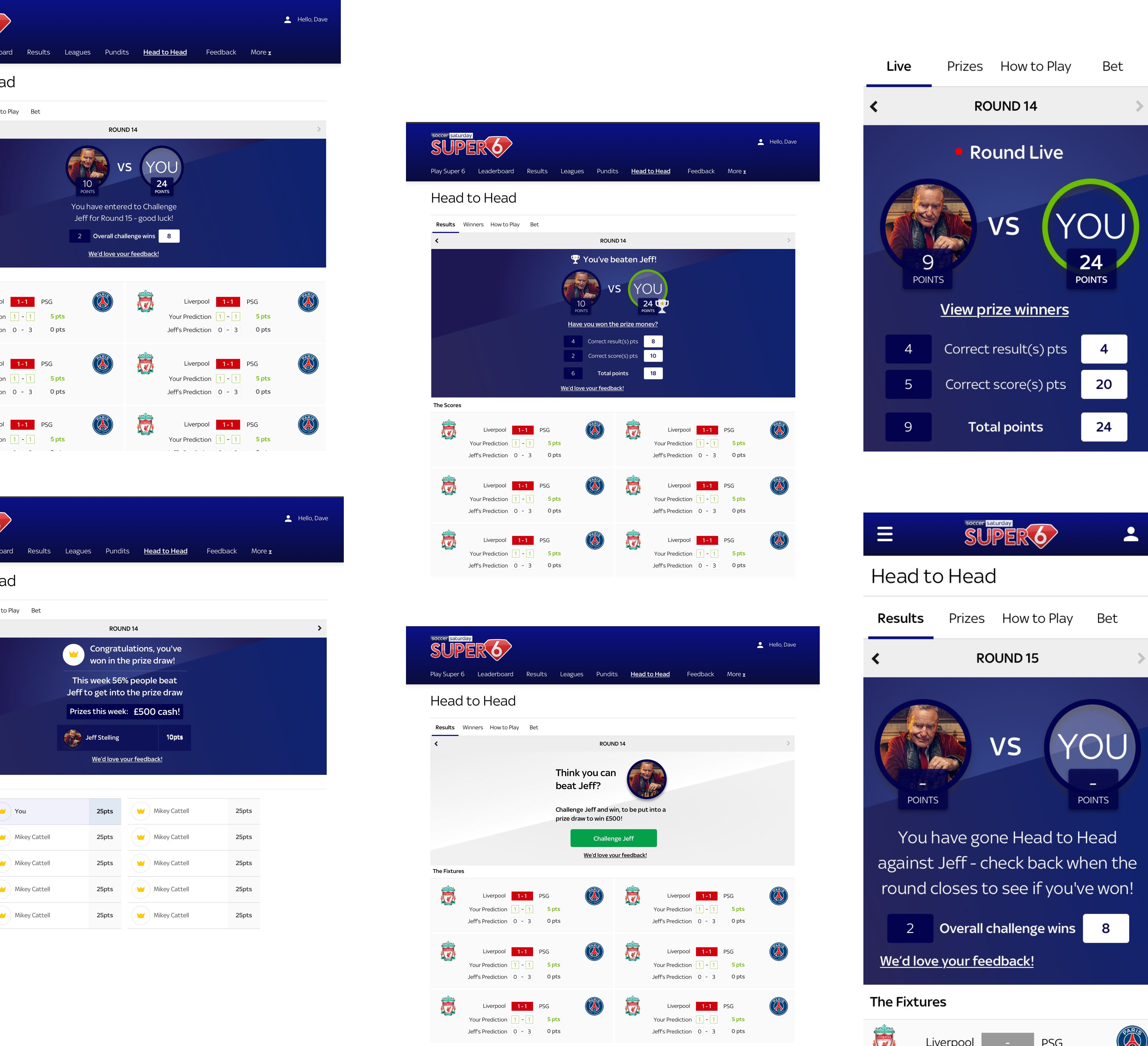 Redesigned Super 6 Head-to-Head results, prizes and how-to-play screens