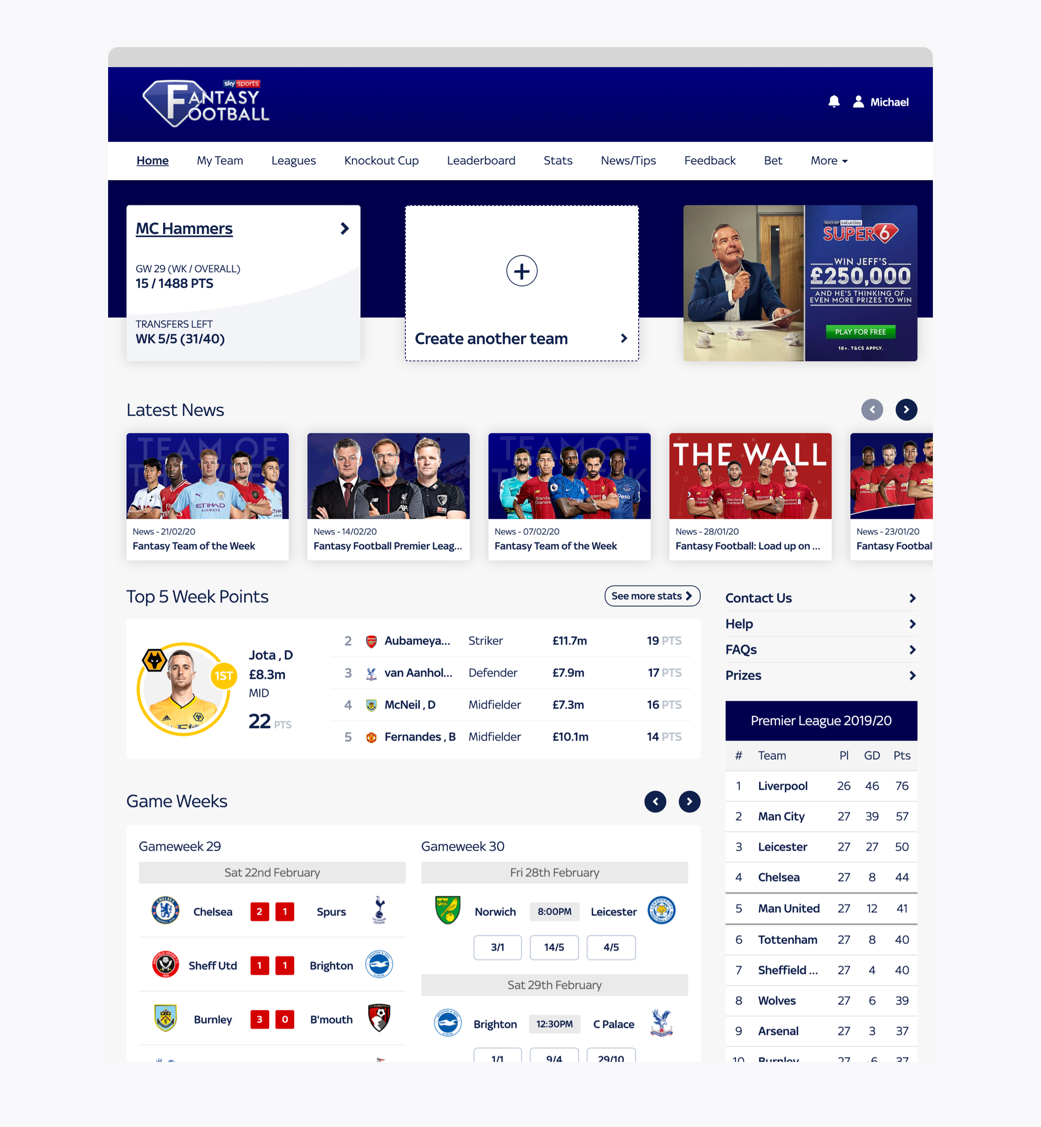 Sky Sports Fantasy Football mobile interface showing team selection and player information