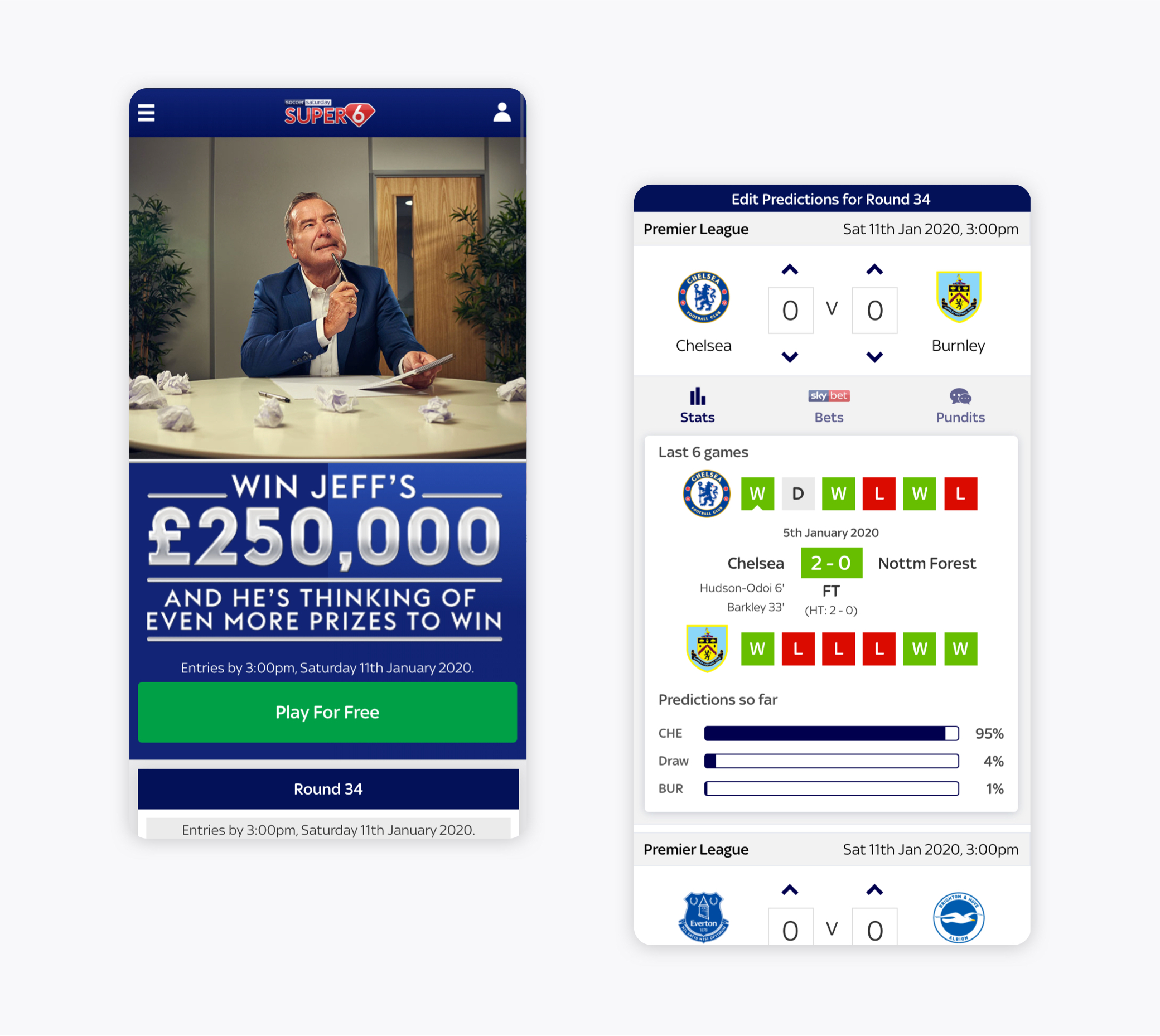 Later iteration of the Sky Sports Super 6 mobile experience