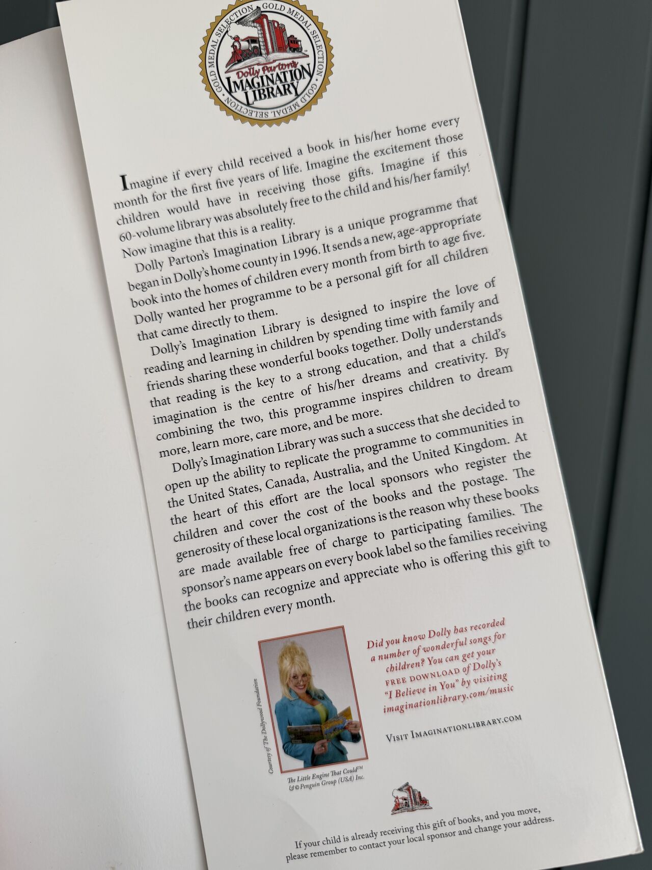 Dolly Parton Imagination Library book insert