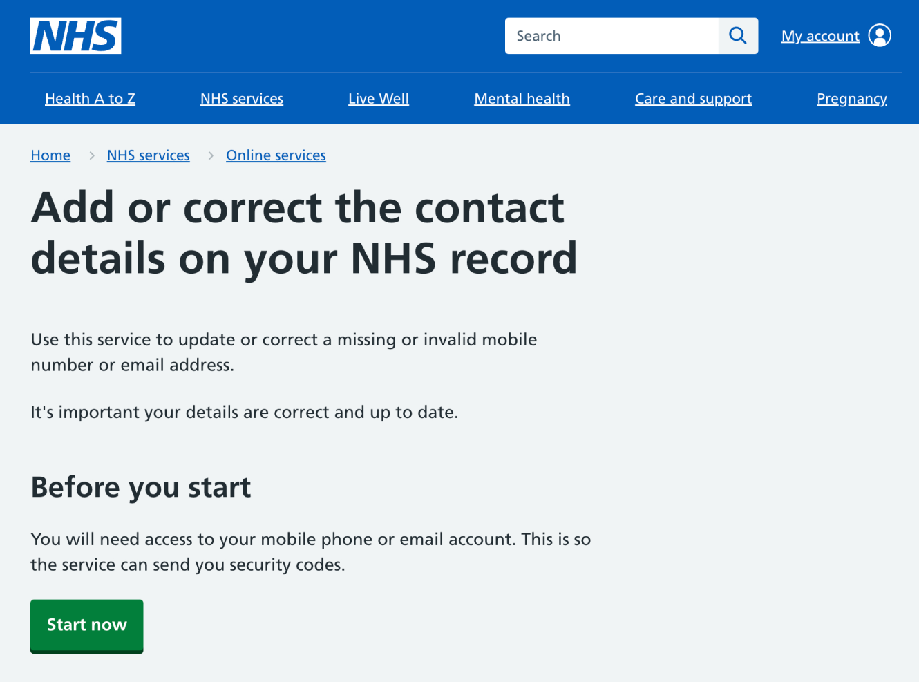 Screenshot of the NHS service allowing users to add or correct their contact details
